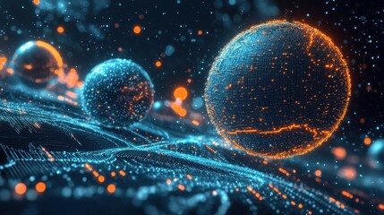 Poster - Abstract visualization of spheres and particles in a digital landscape.