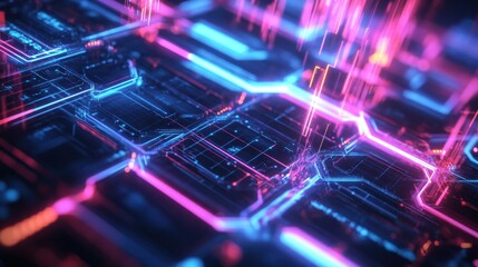 Poster - Abstract digital circuitry with vibrant neon colors representing technology and innovation.