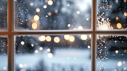 Poster - Looking through a frosted glass window, a tranquil winter garden emerges, illuminated by warm indoor light amidst the night sky