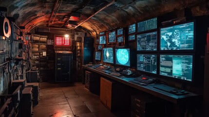 Fototapete - The command center is equipped with several large screens showing complex data and graphics. The dark, underground space features dim lighting, highlighting the technology present.