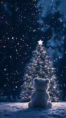 Wall Mural - A beautiful Christmas tree shines in the night, next to the tree sits a teddy bear