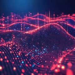 Poster - Abstract. red wave pattern with glowing dots representing digital data futuristic technology background for AI machine learning big data analytics innovation