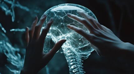 Poster - AI, Machine learning, Hands of robot and human touch. on big data network connection of brain AI, Data exchange, deep learning, Science, artificial intelligence technology, innovation of futuristic.