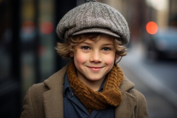 Wall Mural - Portrait of a cute little boy in a beret and scarf on the street.