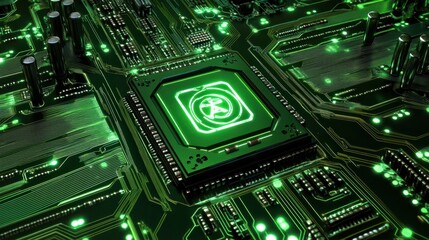 Poster - chrome computer chip with ai engraving on green circuit board with glowing patterns