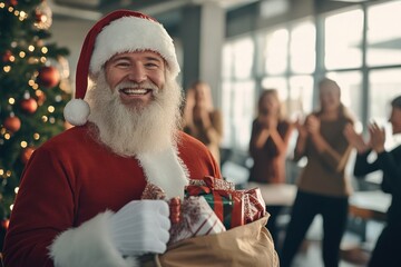 Wall Mural - Smiling Santa holding gifts, with joyful crowd behind