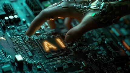 Poster - human hand reaching to grab the letter ai glower on a computer motherboard. human taking artificial 