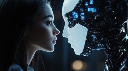 Poster - person talking with robotic ai.futuristic technology or machine learning concepts.generative ai tech