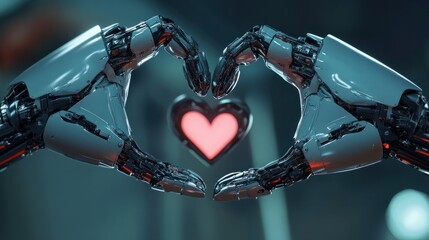 Poster - Two robotic hands form a heart shape, symbolizing unity and connection through advanced technology