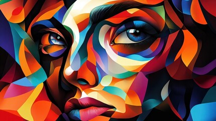 Poster - Visually arresting digital art with a cubist style face composed of abstract shapes and vibrant colors for wallpaper