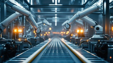 Poster - A high-tech factory where AI-powered machines adjust processes for optimal output.