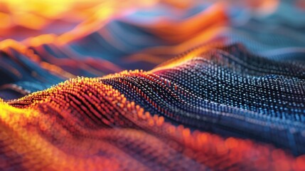Poster - Innovative production techniques are creating a wavy surface covered with colorful dots and lines, forming an abstract and futuristic landscape with warm and cool tones