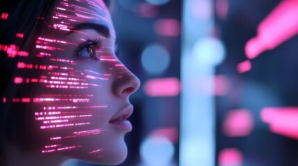 Poster - Woman's face with pink digital data stream overlay.