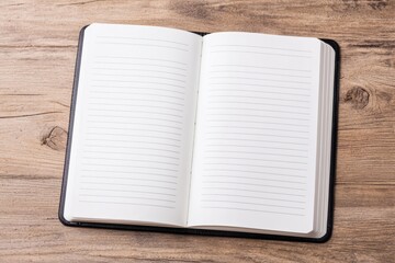 Poster - Open notebook with blank pages on rustic wooden table is ready for writing
