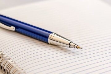 Poster - Blue pen lying on a blank spiral notebook, ready for writing