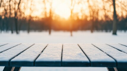 Poster - Snow covered table in a quiet winter park at sunset