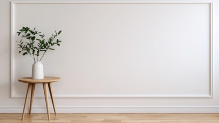 Poster - Minimalist living room with plant on wooden table and empty wall