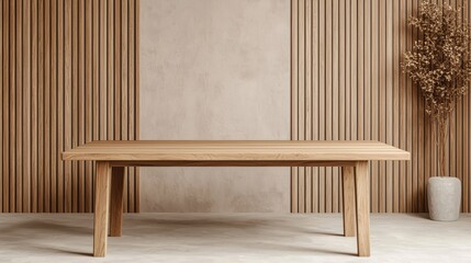 Poster - Spacious wooden table in minimalist living room with warm lighting