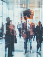 Poster - Creative image of businesspeople in blurry office interior with camera cctv facial recognition interface. Biometric scanning and security concept. Double exposure.