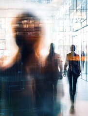 Poster - Creative image of businesspeople in blurry office interior with camera cctv facial recognition interface. Biometric scanning and security concept. Double exposure.