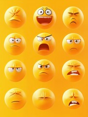 Poster - Cute yellow emoticons. Isolated emoticon, emoji social messages characters. Sad angry happy expressions, emotions reactions exact set