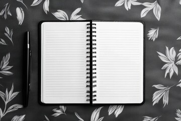 Poster - Open notebook with pen on floral tablecloth inspiring minimalist setting for new beginnings