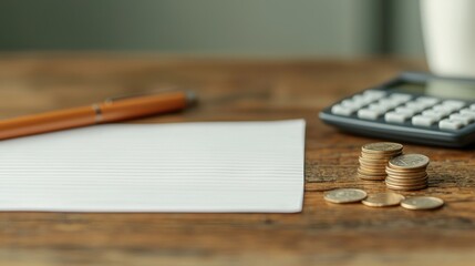Poster - Accountant calculating budget with calculator, pen, and coins on wooden table