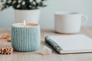 Poster - Burning candle, crystals, and notebook creating cozy ambiance for mindfulness