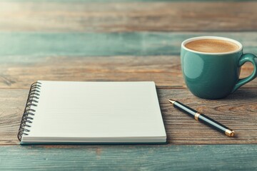 Poster - Open notebook, pen and coffee resting on rustic wooden desk