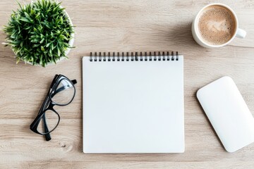Poster - Blank notebook, coffee, plant, and glasses on wooden table for copy space