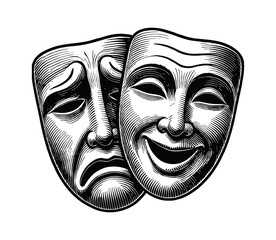 Wall Mural - two theater mask sad and happy engraving black and white outline