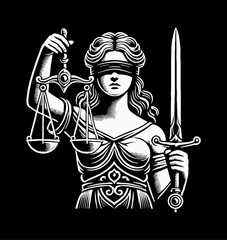 Wall Mural - lady justice in a frontal pose, blindfolded, holding scales in one hand and a sword in the other eng