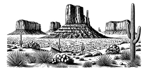 Wall Mural - monument valley desert landscape engraving black and white outline