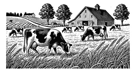 Wall Mural - dairy cows grazing in a field landscape engraving black and white outline