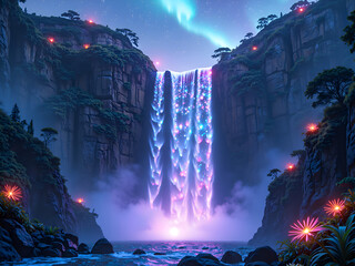 enchanting luminescent waterfall under a celestial sky at dusk, digital art of fantasy landscape con