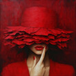 © Alexandra Adele - Striking red portrait of a woman adorned with a hat made of petals expressing mystery and beauty