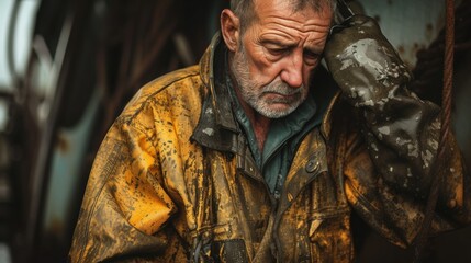 Poster - A heavily weathered deckhand adjusting his oilskin jacket as he prepares for another long day at sea his face reflecting the challenges he has faced.