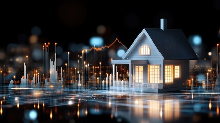 Poster - Two people converse at a sophisticated meeting table, analyzing financial graphs alongside a model house, emphasizing luxury real estate