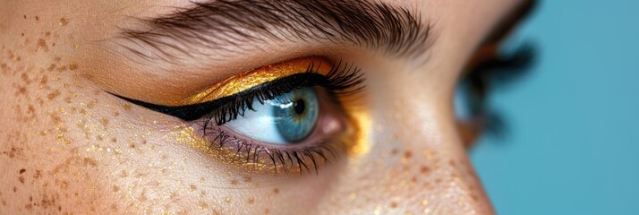 Wall Mural - An artistic close-up image capturing the vibrant blue eye with elaborate gold eyeshadow and a perfectly crafted eyeliner design, highlighting cosmetic artistry