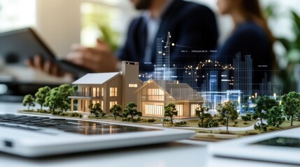 Poster - Two people converse at a sophisticated meeting table, analyzing financial graphs alongside a model house, emphasizing luxury real estate