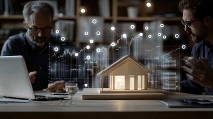 Poster - Two people converse at a sophisticated meeting table, analyzing financial graphs alongside a model house, emphasizing luxury real estate