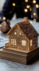 Poster - Two people converse at a sophisticated meeting table, analyzing financial graphs alongside a model house, emphasizing luxury real estate