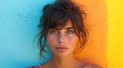 Wall Mural - A woman with striking green eyes and a calm expression posed against a vibrant blue and orange textured background, highlighting her thoughtful nature