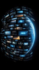 Fototapete - Abstract digital background features Earth at the center, surrounded by screens displaying various global connections and data transfer