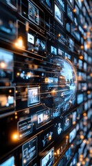 Fototapete - Abstract digital background features Earth at the center, surrounded by screens displaying various global connections and data transfer