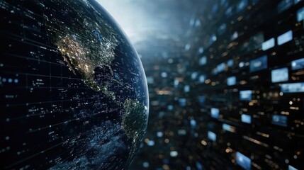 Poster - Visual representation of a digital Earth featuring numerous screens showcasing images of technology, people, and news in a modern setting
