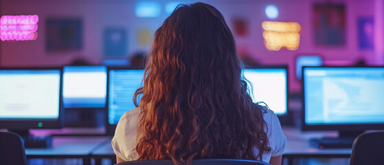 Woman programmer coding late at night in a brightly lit office