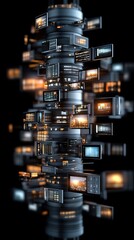 Poster - Visual representation of a digital Earth featuring numerous screens showcasing images of technology, people, and news in a modern setting