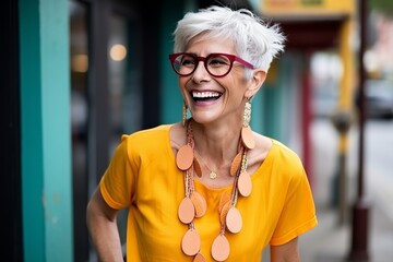 Wall Mural - Portrait of happy senior woman in eyeglasses in the city