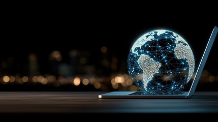 Poster - Transparent glass globe signifies digital twin of financial networks while a business person engages in work at a desk nearby